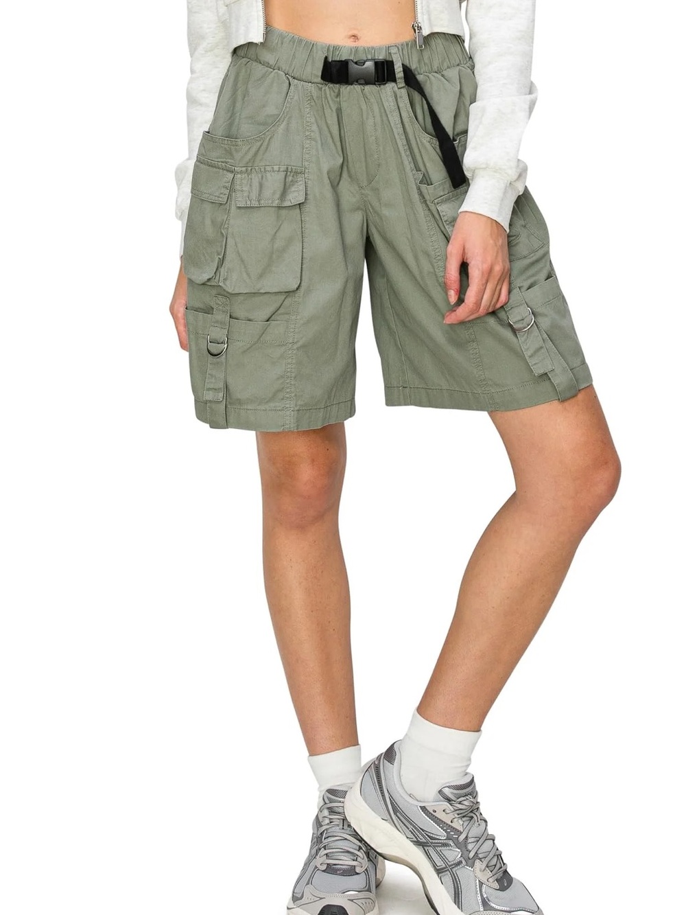 Angel Kiss Olive Sage Cargo Shorts with Black Web Belt